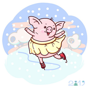 冬天例证与可爱的动画片猪在溜冰鞋。向量