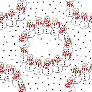 快乐雪人与剥离的围巾花环圣诞冬季假期无缝模式在白色背景上