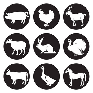 黑白收集的农场动物剪影图标