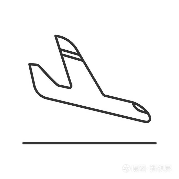 飞机到达线性图标.细线插图.飞机着陆轮廓符号.矢量隔离轮廓图