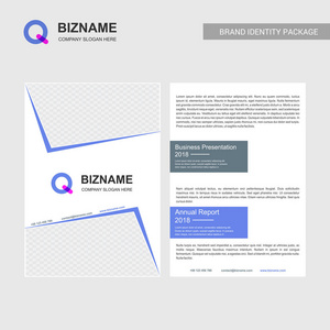 带蓝色主题和 Q 徽标矢量的公司宣传册设计