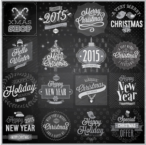 圣诞套装标签 标志和其他装饰元素黑板