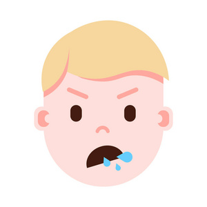男孩头 emoji 表情与面部情感, 头像字符, 人分裂面孔以不同的男性情感概念。平面设计