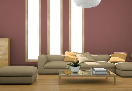 现代明亮客厅室内设计与沙发和红色墙壁