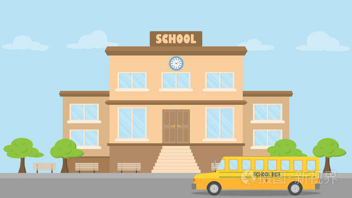 学校建筑 校车平面式 回到学校概念 矢量插画