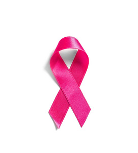 白色背景上的粉红色丝带, 顶部视图。癌症意识