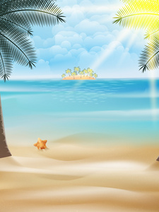 在海滩上的海星和棕榈树