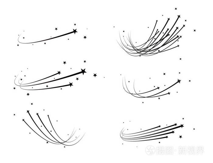 抽象流星矢量-黑色流星, 白色背景上的优雅星迹-流星体, 彗星, 小行星