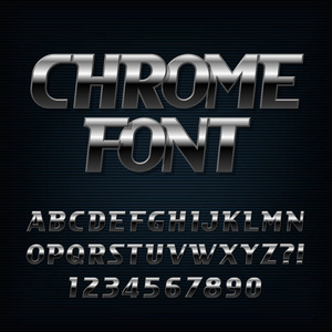 Chrome 字母字体。钢效应斜字母和数字。版式设计中的股票矢量字体