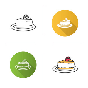 芝士蛋糕与草莓图标。一块蛋糕。平面设计, 线形和颜色样式。孤立向量插图