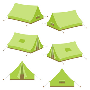 露营帐篷在 3d, 等距。从不同侧面显示的一组帐篷。向量例证