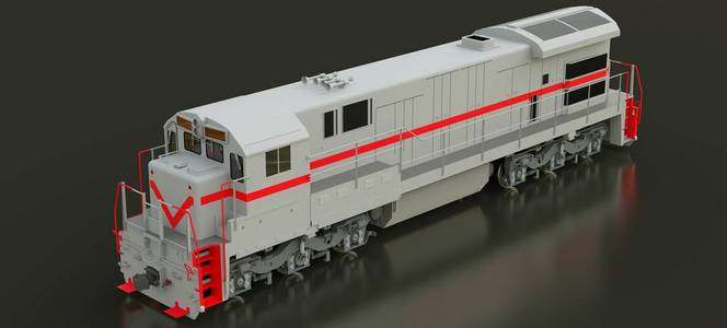现代灰色内燃机车, 具有强大的动力和力量, 用于移动长重型铁路列车。3d 渲染