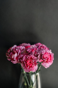 美丽的康乃馨花在桌子上的花瓶里。紫罗兰色, 紫色和粉红色的花的花束。装修的家。墙纸和背景。垂直照片