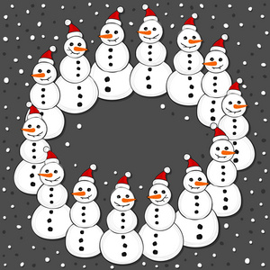 在圣诞老人的帽子花环圣诞冬季节日卡图在深色背景上的快乐雪人