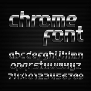 Chrome 字母字体。金属效应小大写字母和数字。版式设计中的股票矢量字体