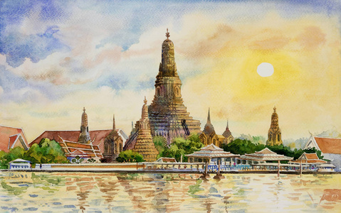 全景视图。泰国曼谷日落时的阿朗寺。水彩画景观五颜六色的建筑和河景。手绘插图伟大的泰国地标最著名的
