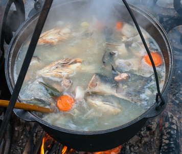在一口锅着火的烹饪鱼汤。