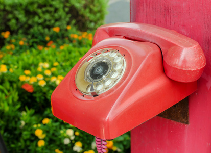 在公园的老红电话复古风格