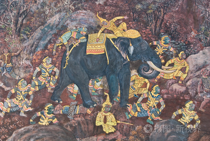 在曼谷,泰国的寺庙墙上的传统泰式风格绘画艺术的杰作