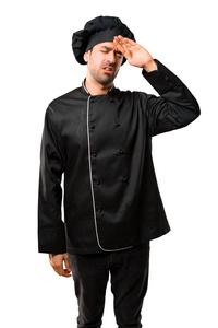 黑色制服的厨师男子在孤立的白色背景下疲惫和病态的表达