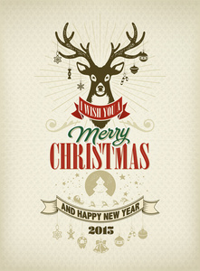 圣诞快乐，新年快乐，老式排印背景与鹿