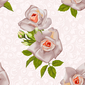 无缝花纹与花卉背景上的玫瑰花束