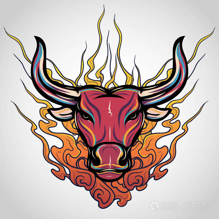 公牛纹身徽标图标设计, 矢量插图