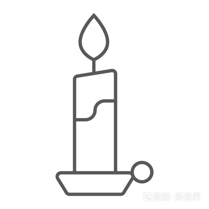 插画 蜡烛薄线图标, 火焰和火焰, 烛光符号, 矢量图形, 在白色背景上