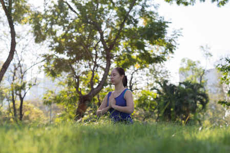 妇女在瑜伽垫放松在公园户外, 健康的生活方式和放松的概念