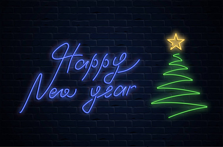 新年快乐霓虹灯海报与圣诞树在砖