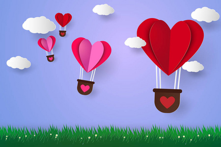 热空气气球在心脏形状飞过草, 纸艺术样式