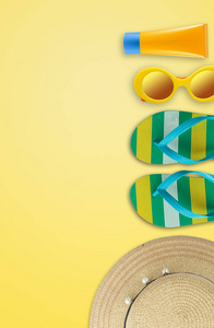 夏季假期背景, 海滩配件, 度假和旅游项目。触发器, 太阳眼镜, 草帽和防晒霜在黄色背景与拷贝空间
