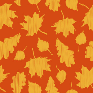 秋季背景。与秋天的叶子在橙色背景的无缝图案。图中有枫树橡树和桦木的黄叶。矢量插图