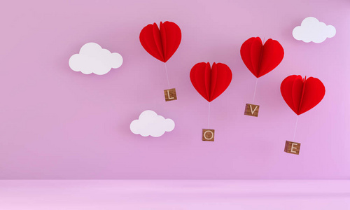 红心气球剪纸和爱情木在粉红色的房间, 情人节概念, 3d 渲染