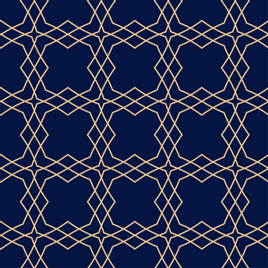 金色的蓝色几何装饰品。网络纺织品和墙纸无缝模式