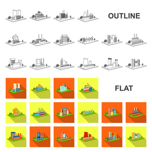 工厂和工厂平面图标集的设计。生产和企业向量等距符号库存 web 插图