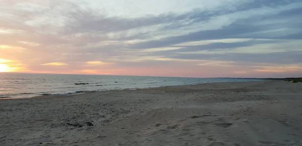 波罗的海海滩, 海滨, 海岸线在夏季傍晚日落