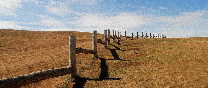 美丽的草原牧场为牛的夏季景观。草原上的木栅栏, 蓝天白云。草原农地的分离屏障。油画的质感。室内艺术海报