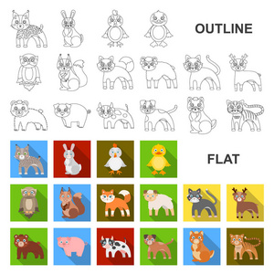 玩具动物的平面图标集合中的设计。鸟, 捕食者和草食动物矢量符号股票 web 插图