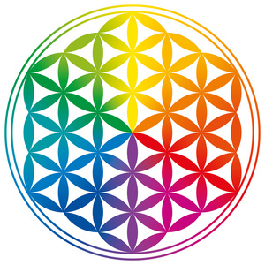 生命之花符号抽象神圣几何红色梯度生命花半色调图案生命之花背景发光