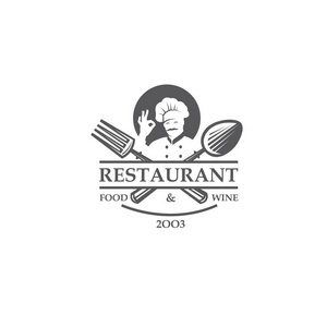 黑餐馆标签与厨师, 横渡的勺子和叉子在白色背景被隔绝了