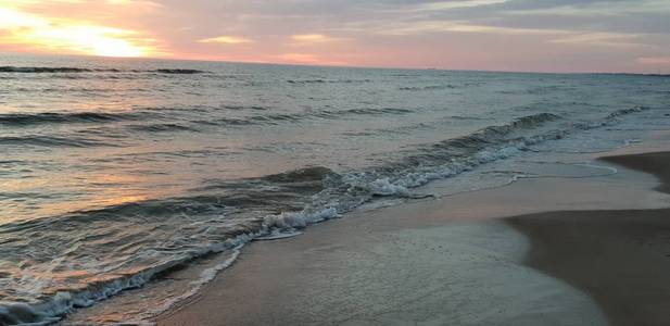 波罗的海海滩, 海滨, 海岸线在夏季傍晚日落