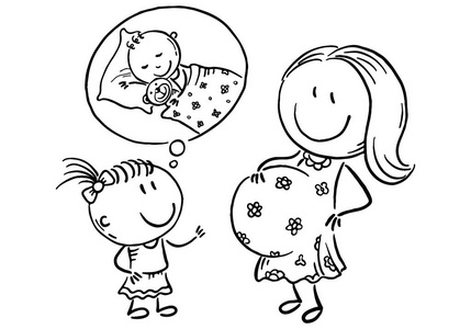 怀孕的母亲和小女儿谈论未来婴儿, 概述