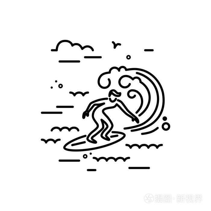 冲浪者和大浪.线样式向量例证