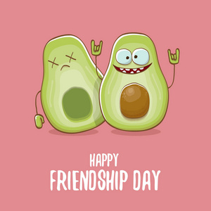快乐的友谊日卡通漫画贺卡与两个绿色鳄梨的朋友。友谊日概念时髦贺卡或党海报
