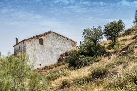 景观与孤独的房子在重新 olid, 阿尔巴塞特省。卡斯蒂利亚拉曼查西班牙