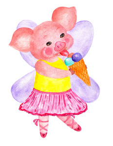 好猪年的象征。水彩插图。甜猪仙女。2019年的象征。儿童夹克t恤衫尿布等的印刷插图
