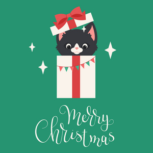 黑猫从圣诞礼品盒里窥视。圣诞快乐手字。向量例证