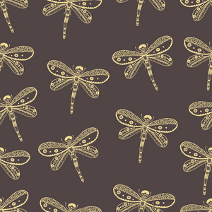 蜻蜓无缝自然模式。手绘风格设计