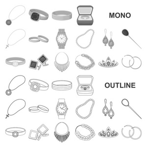 首饰和配件单色图标集合设计。装饰向量符号股票网页插图